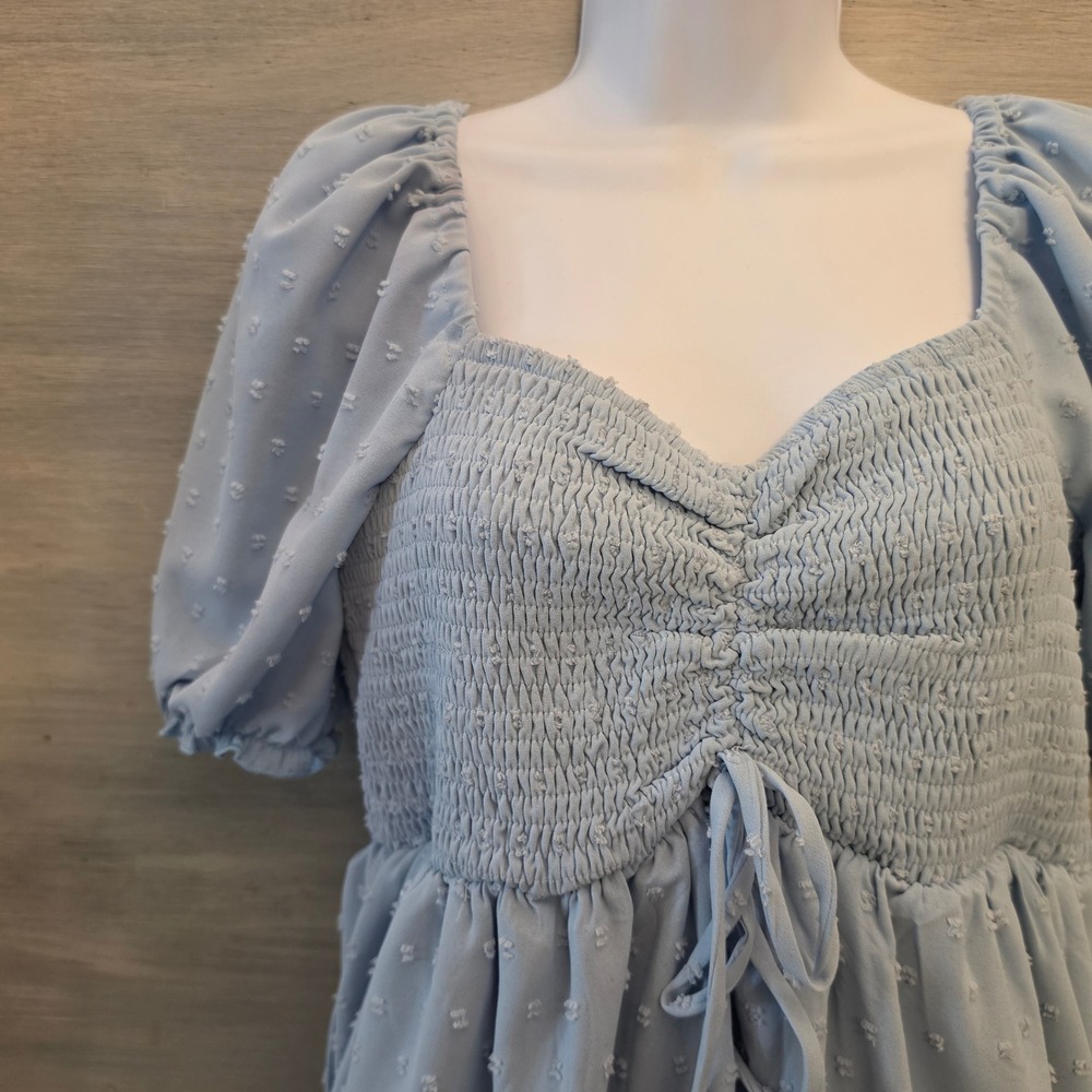 Pinup Fashion Pale Blue Swiss Dot Above Knee Baby Doll Dress Size Large GC - Picture 3 of 8